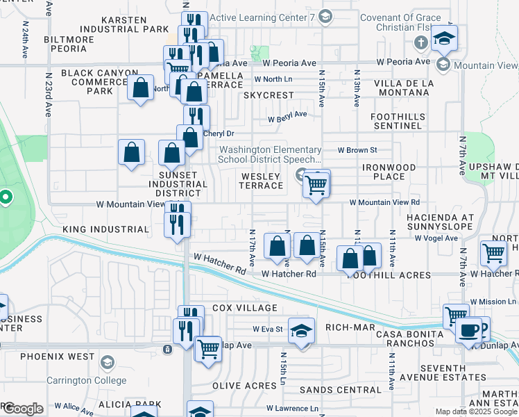 map of restaurants, bars, coffee shops, grocery stores, and more near 1637 West Mountain View Road in Phoenix