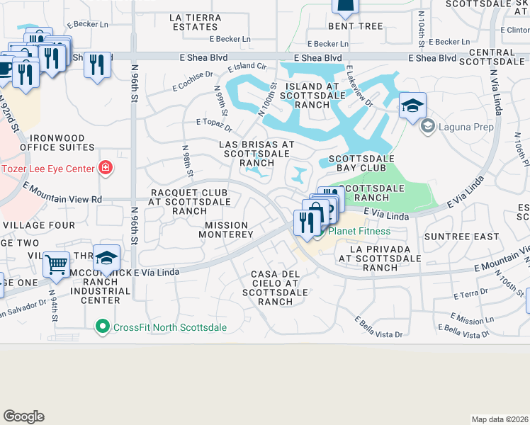 map of restaurants, bars, coffee shops, grocery stores, and more near 10019 East Mountain View Road in Scottsdale