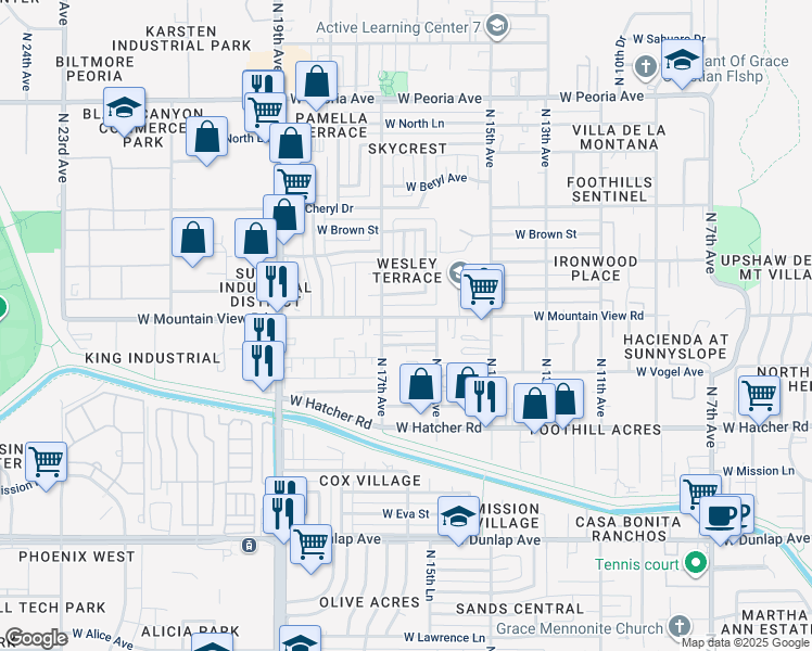 map of restaurants, bars, coffee shops, grocery stores, and more near 1637 West Mountain View Road in Phoenix