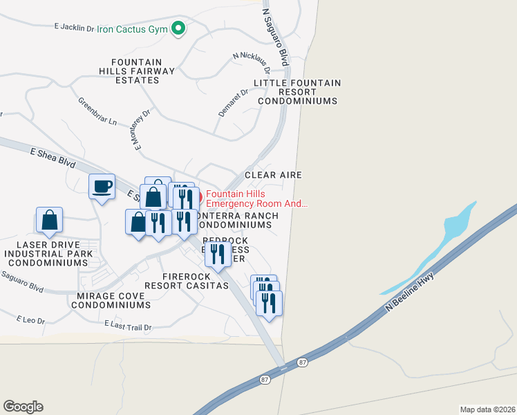 map of restaurants, bars, coffee shops, grocery stores, and more near 17143 East Hillcrest Drive in Fountain Hills