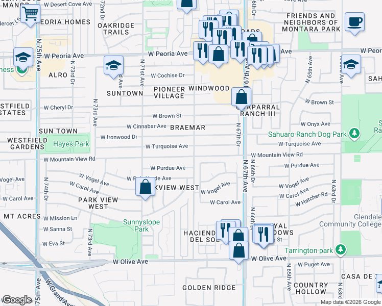 map of restaurants, bars, coffee shops, grocery stores, and more near 6902 West Mountain View Road in Peoria