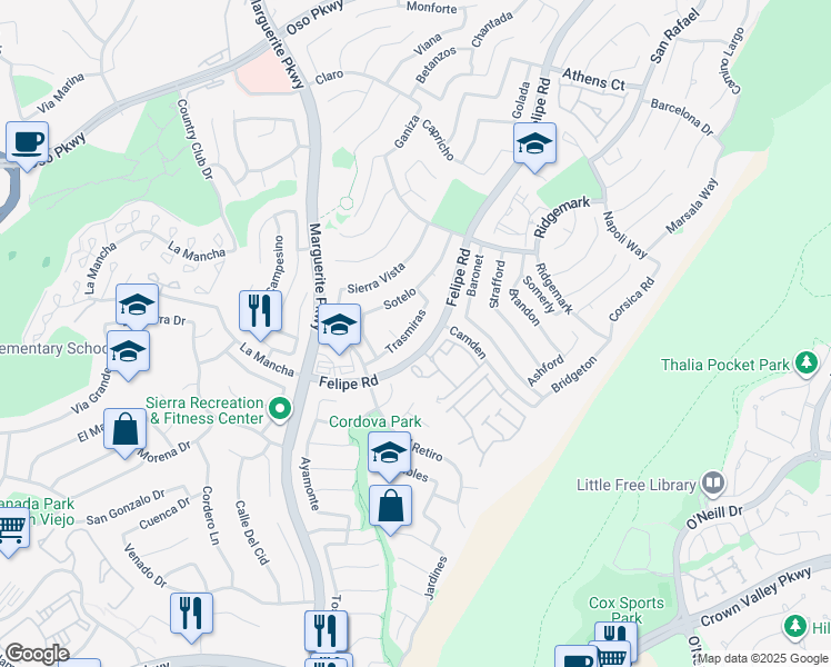 map of restaurants, bars, coffee shops, grocery stores, and more near 26732 Trasmiras in Mission Viejo