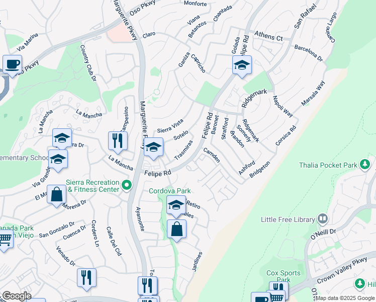 map of restaurants, bars, coffee shops, grocery stores, and more near 26732 Trasmiras in Mission Viejo