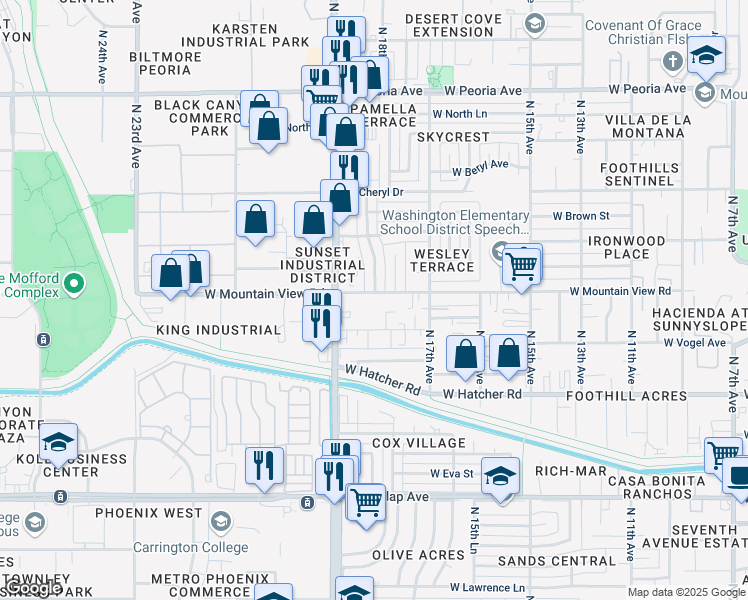map of restaurants, bars, coffee shops, grocery stores, and more near 1809 West Mountain View Road in Phoenix