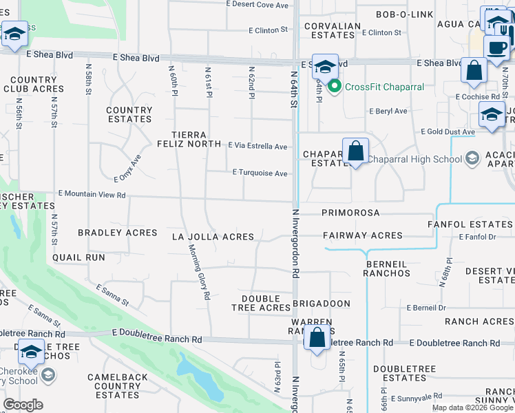 map of restaurants, bars, coffee shops, grocery stores, and more near 6259 East Mountain View Road in Paradise Valley