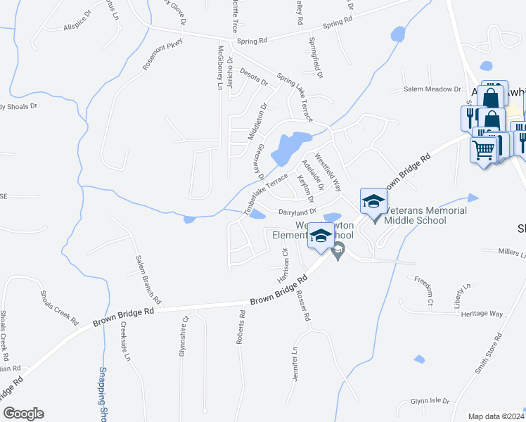 map of restaurants, bars, coffee shops, grocery stores, and more near 250 Dairyland Drive in Covington