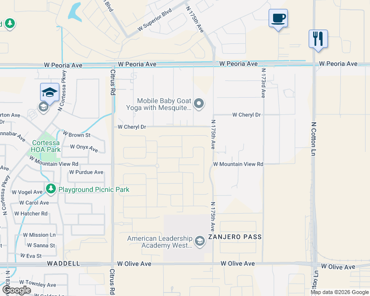 map of restaurants, bars, coffee shops, grocery stores, and more near 10109 North 176th Avenue in Waddell