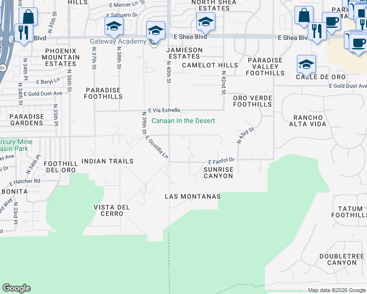 map of restaurants, bars, coffee shops, grocery stores, and more near 9626 North 40th Place in Phoenix