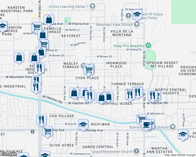 map of restaurants, bars, coffee shops, grocery stores, and more near 1405 West Mountain View Road in Phoenix