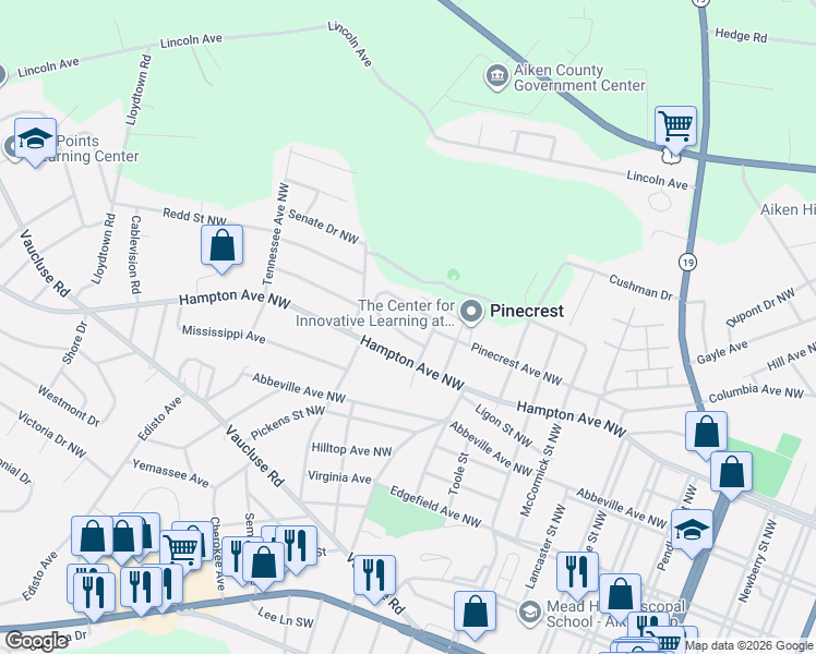 map of restaurants, bars, coffee shops, grocery stores, and more near 726 Washington Circle in Aiken