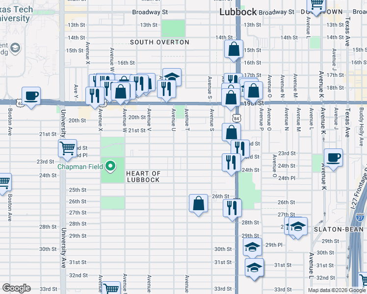 map of restaurants, bars, coffee shops, grocery stores, and more near 2009 22nd Street in Lubbock