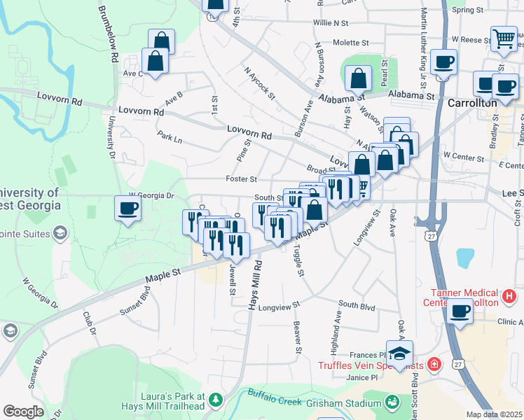map of restaurants, bars, coffee shops, grocery stores, and more near 621 Burson Avenue in Carrollton