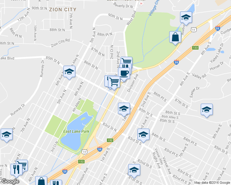 map of restaurants, bars, coffee shops, grocery stores, and more near 8506 1st Ave N in Birmingham