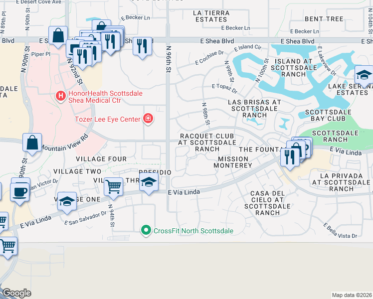 map of restaurants, bars, coffee shops, grocery stores, and more near East Goolagong Circle in Scottsdale