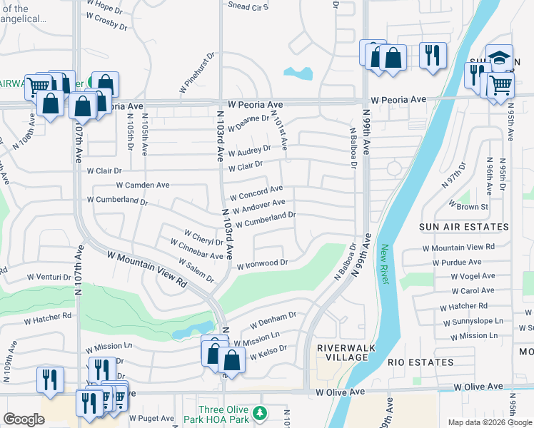 map of restaurants, bars, coffee shops, grocery stores, and more near 10129 West Cumberland Drive in Sun City