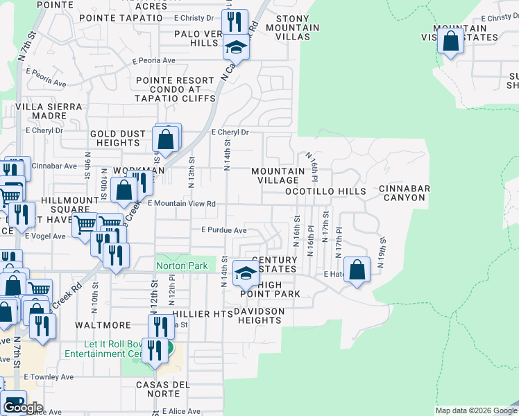map of restaurants, bars, coffee shops, grocery stores, and more near 1501 East Mountain View Road in Phoenix
