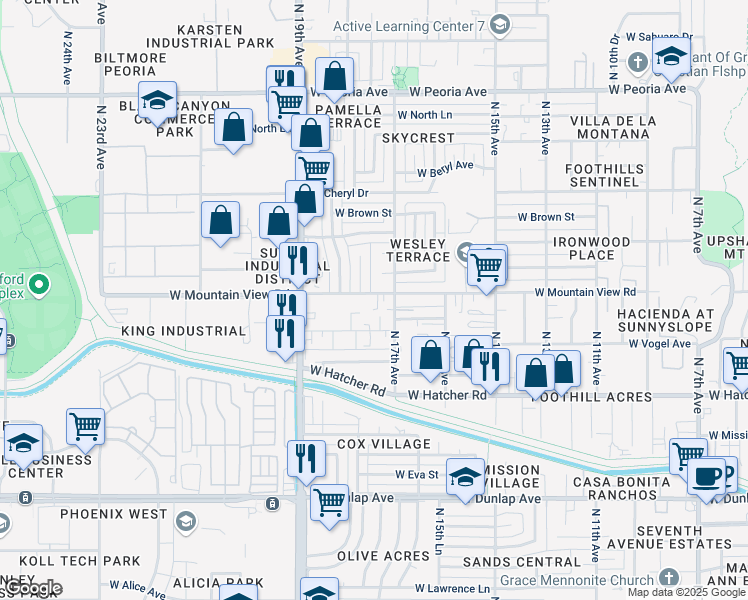 map of restaurants, bars, coffee shops, grocery stores, and more near 1709 West Mountain View Road in Phoenix