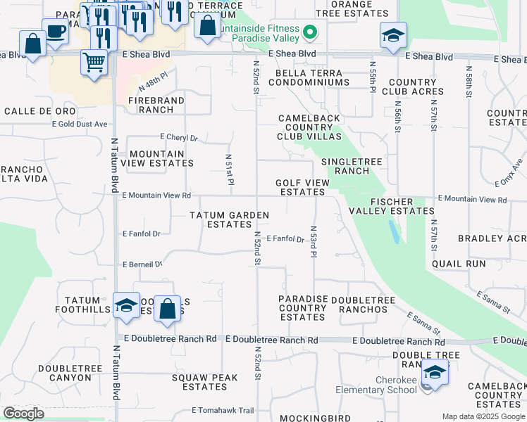 map of restaurants, bars, coffee shops, grocery stores, and more near 9529 North 52nd Street in Paradise Valley