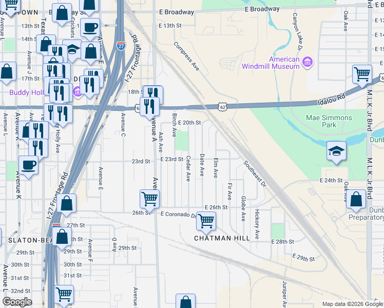 map of restaurants, bars, coffee shops, grocery stores, and more near 2207 Cedar Avenue in Lubbock