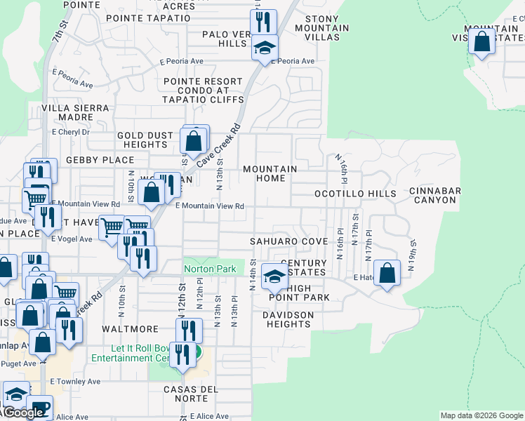 map of restaurants, bars, coffee shops, grocery stores, and more near 1414 East Malapai Drive in Phoenix