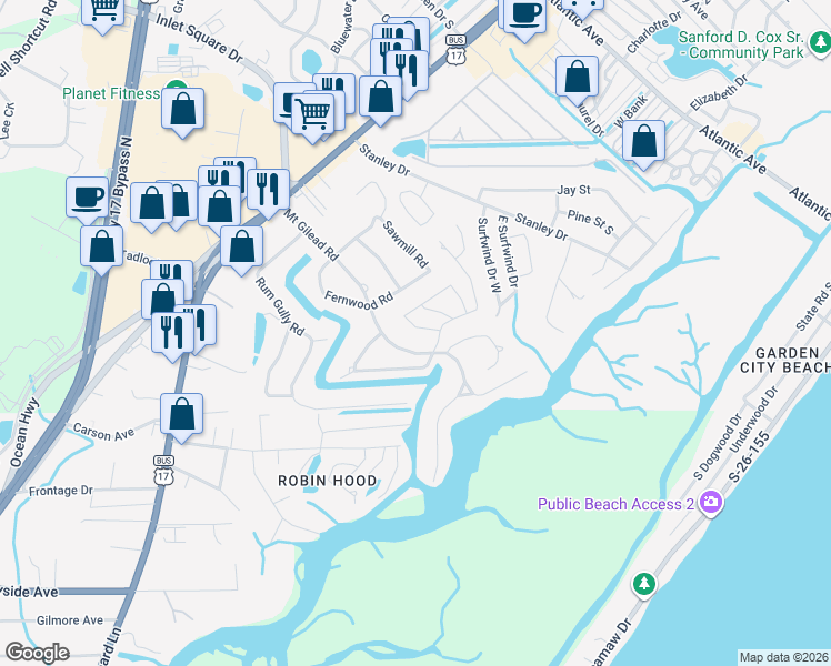 map of restaurants, bars, coffee shops, grocery stores, and more near 888 Kittiwake Lane in Murrells Inlet