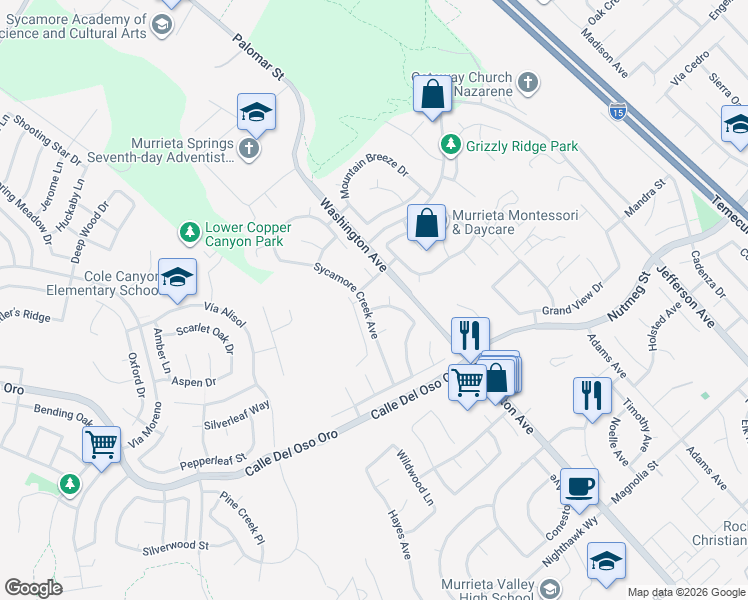 map of restaurants, bars, coffee shops, grocery stores, and more near 23556 Kathryn Street in Murrieta