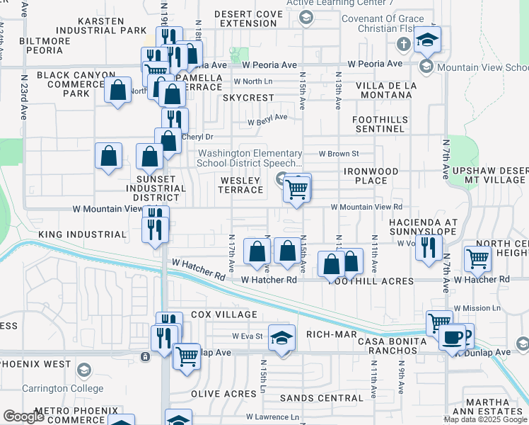 map of restaurants, bars, coffee shops, grocery stores, and more near 1601 West Mountain View Road in Phoenix