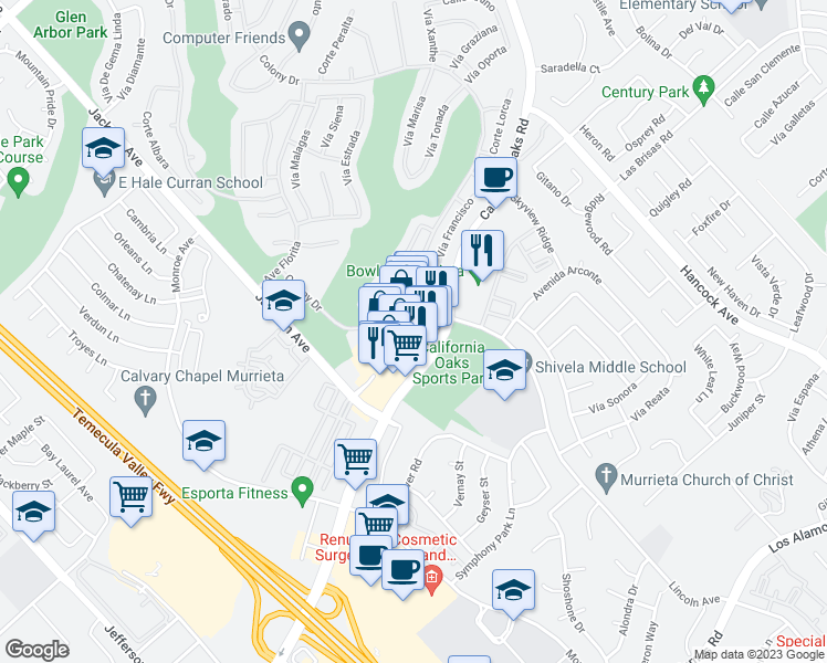 map of restaurants, bars, coffee shops, grocery stores, and more near 40645 California Oaks Road in Murrieta