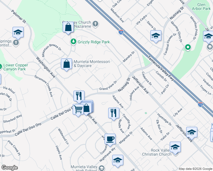 map of restaurants, bars, coffee shops, grocery stores, and more near 23799 Brookside Court in Murrieta