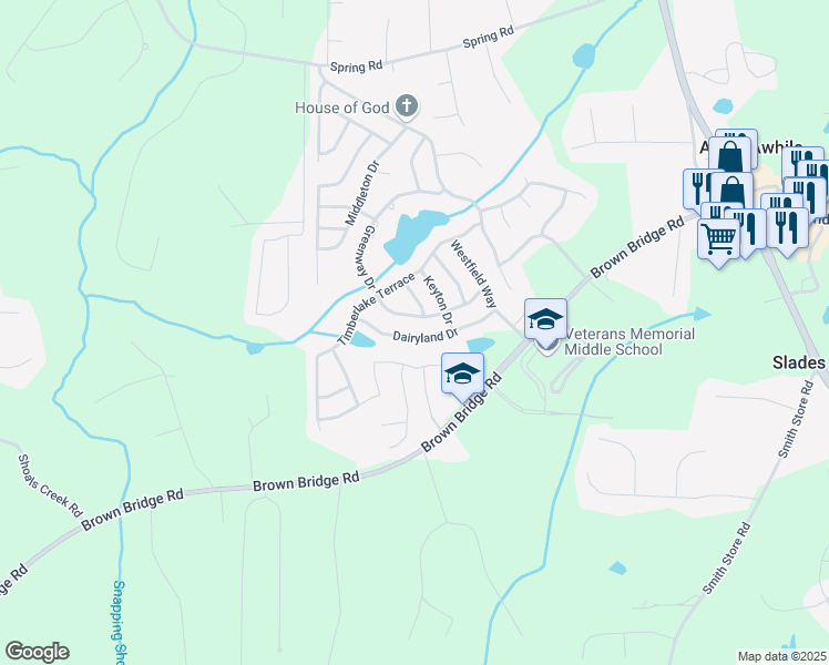 map of restaurants, bars, coffee shops, grocery stores, and more near 155 Dairyland Drive in Covington