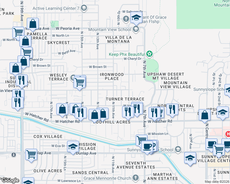 map of restaurants, bars, coffee shops, grocery stores, and more near 9645 North 11th Avenue in Phoenix