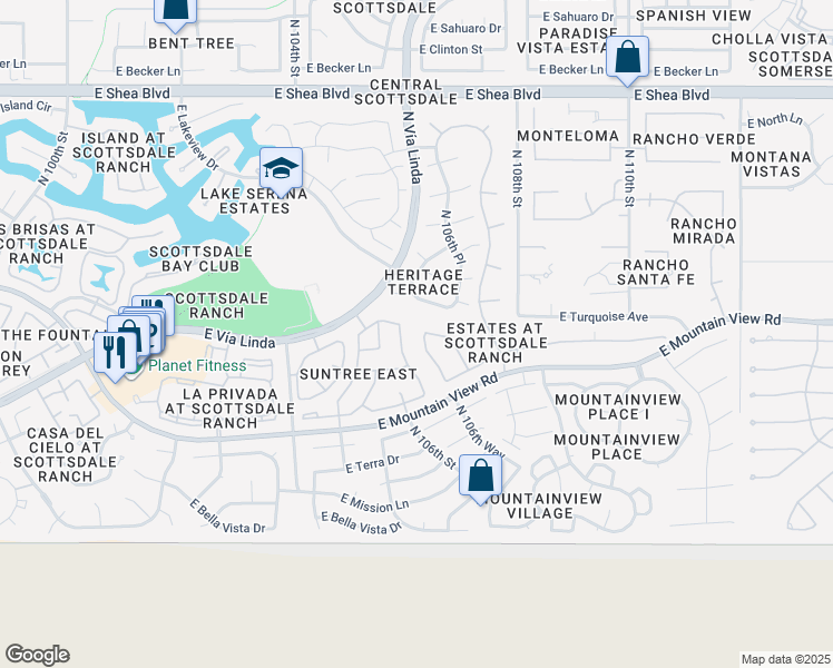 map of restaurants, bars, coffee shops, grocery stores, and more near 9740 North 106th Way in Scottsdale