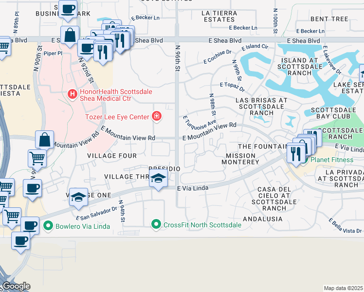 map of restaurants, bars, coffee shops, grocery stores, and more near 9705 East Mountain View Road in Scottsdale