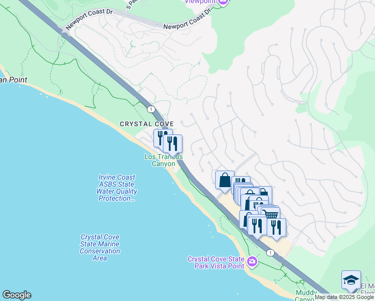 map of restaurants, bars, coffee shops, grocery stores, and more near 23 Atlantis Cove in Newport Beach