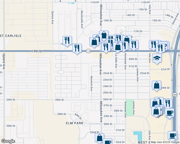 map of restaurants, bars, coffee shops, grocery stores, and more near 2204 Norwich Avenue in Lubbock