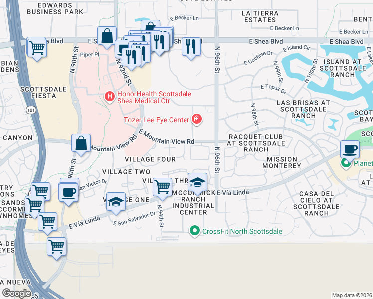 map of restaurants, bars, coffee shops, grocery stores, and more near 9750 North 96th Street in Scottsdale