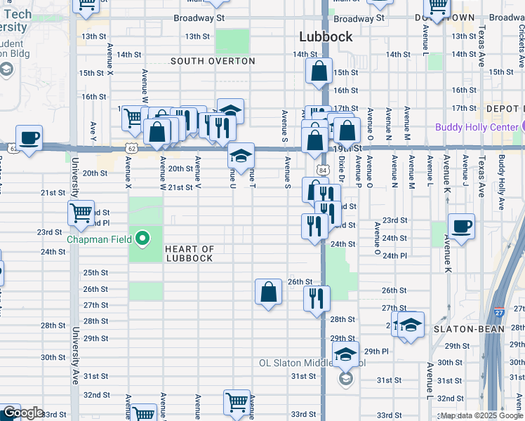 map of restaurants, bars, coffee shops, grocery stores, and more near 1919 22nd Street in Lubbock