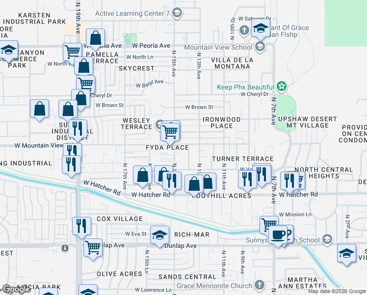 map of restaurants, bars, coffee shops, grocery stores, and more near 1405 West Mountain View Road in Phoenix