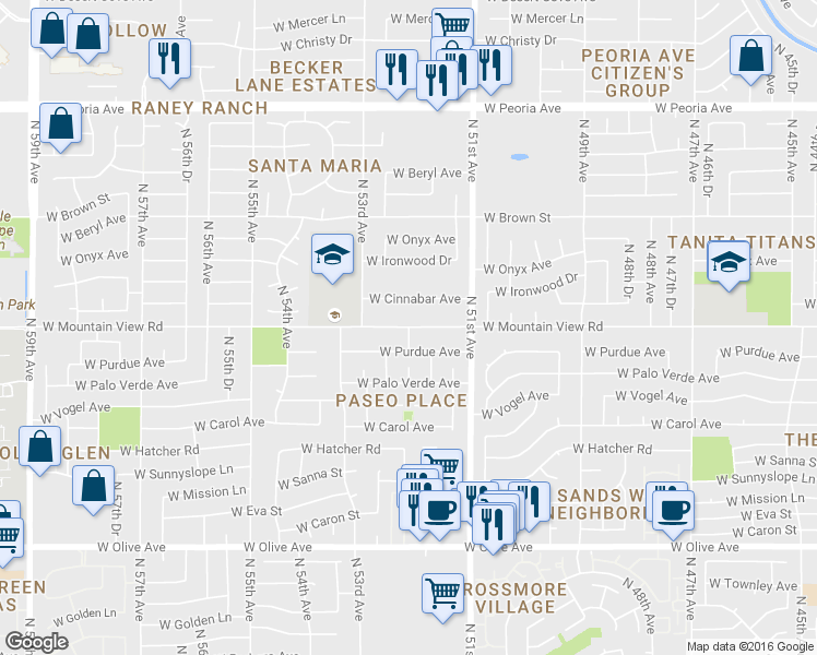 map of restaurants, bars, coffee shops, grocery stores, and more near 9798 North 52nd Avenue in Glendale
