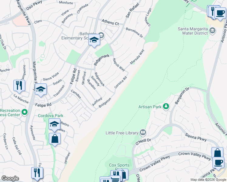 map of restaurants, bars, coffee shops, grocery stores, and more near 26711 Corsica Road in Mission Viejo