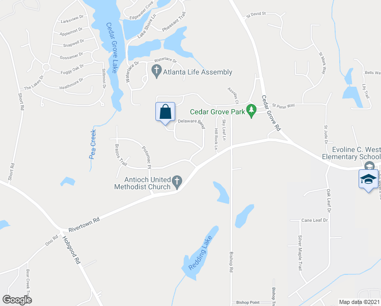map of restaurants, bars, coffee shops, grocery stores, and more near 6757 Delaware Bend in Fairburn