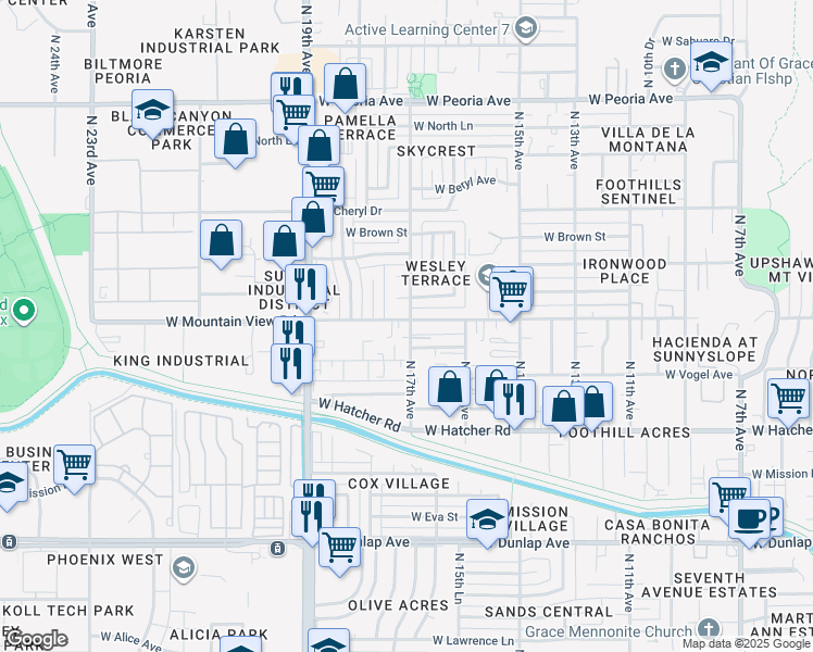 map of restaurants, bars, coffee shops, grocery stores, and more near 1703 West Mountain View Road in Phoenix