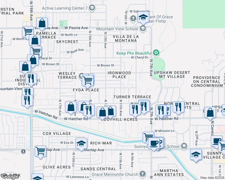 map of restaurants, bars, coffee shops, grocery stores, and more near 9648 North 12th Avenue in Phoenix