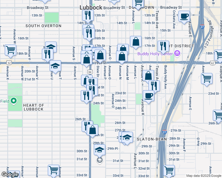 map of restaurants, bars, coffee shops, grocery stores, and more near 2205 Avenue P in Lubbock