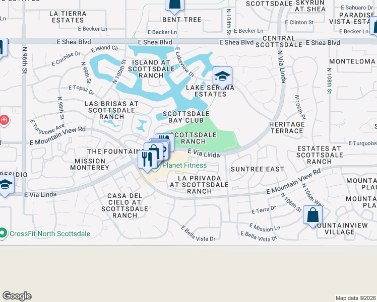 map of restaurants, bars, coffee shops, grocery stores, and more near 10255 East Vía Linda in Scottsdale