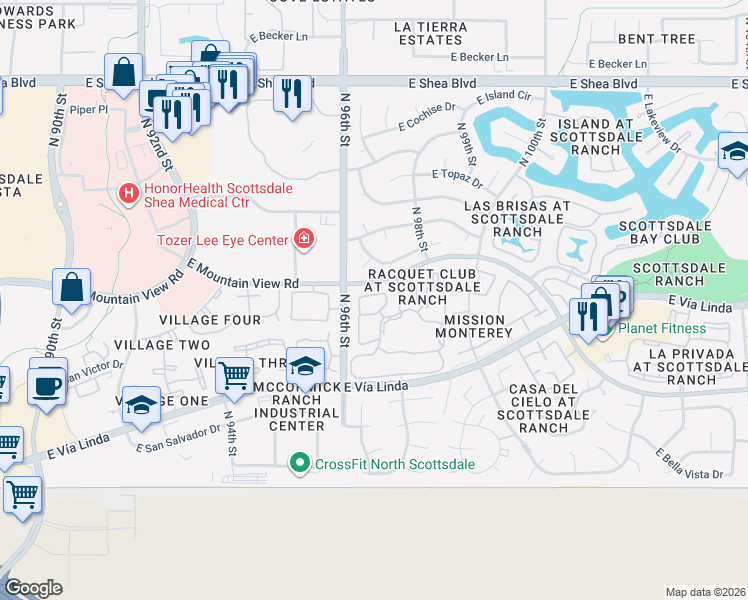 map of restaurants, bars, coffee shops, grocery stores, and more near East Goolagong Circle in Scottsdale