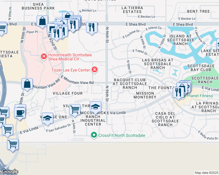 map of restaurants, bars, coffee shops, grocery stores, and more near East Goolagong Circle in Scottsdale
