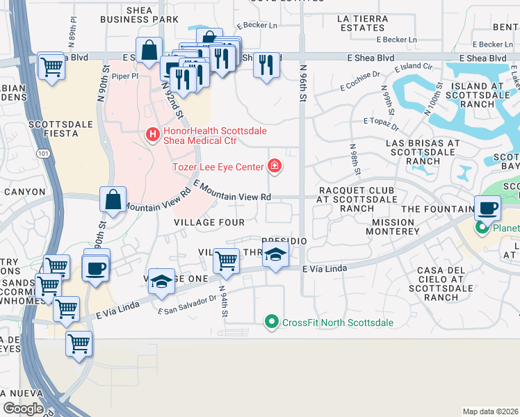 map of restaurants, bars, coffee shops, grocery stores, and more near 9750 North 96th Street in Scottsdale