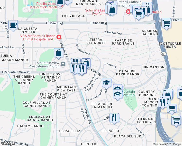 map of restaurants, bars, coffee shops, grocery stores, and more near 8260 East Arabian Trail in Scottsdale