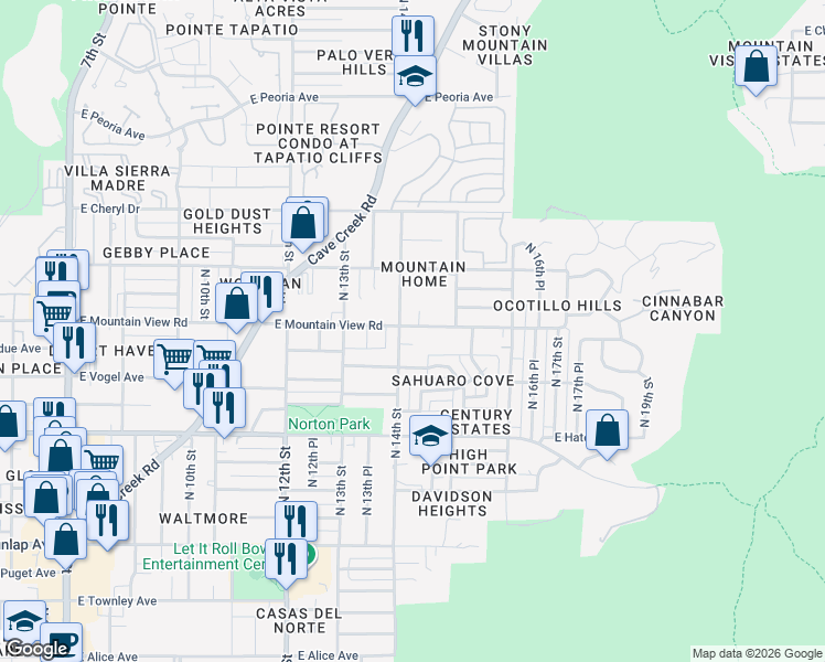 map of restaurants, bars, coffee shops, grocery stores, and more near 1414 East Malapai Drive in Phoenix